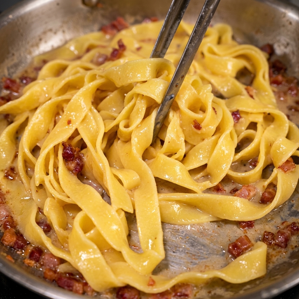 Küchenzange vermengt Tagliatelle mit knusprigem Speck und Bratfett in einer Pfanne.