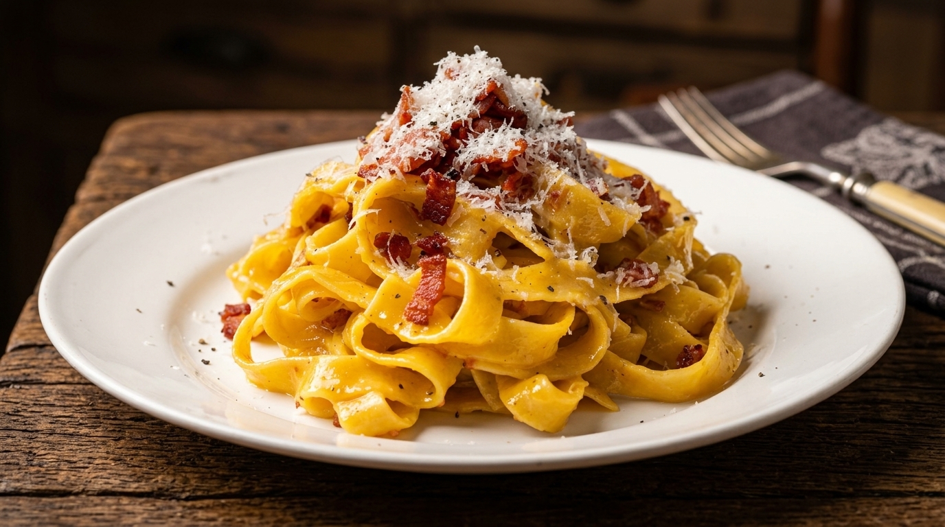 Cremige Tagliatelle Carbonara mit knusprigem Speck