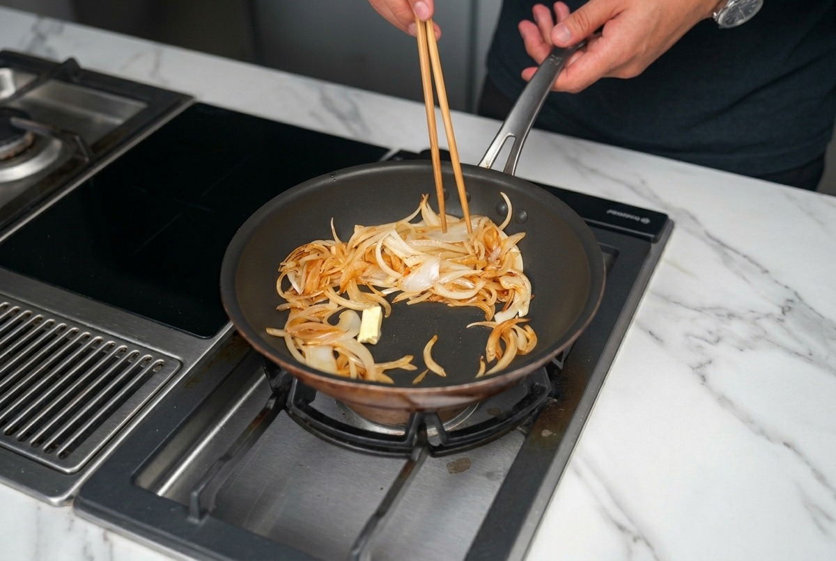 Zwiebelstreifen werden mit Stäbchen in einer dunklen Pfanne mit einem Stück schmelzender Butter angebraten.