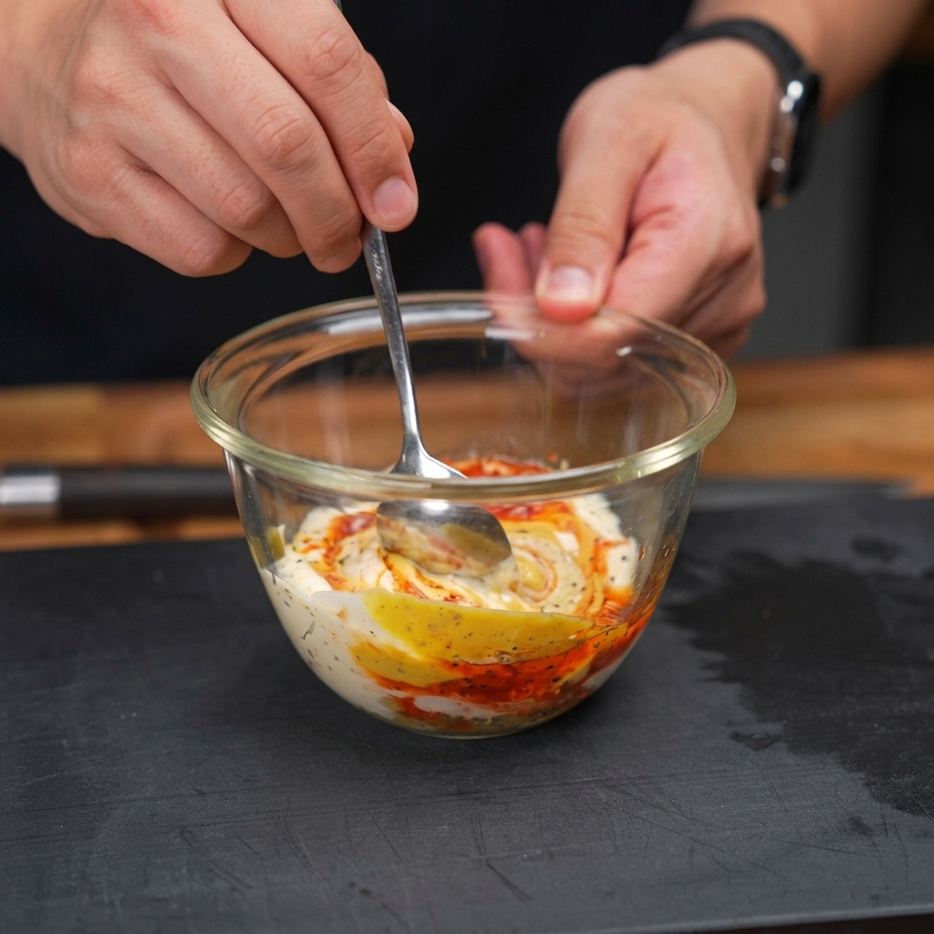 Eine Hand rührt Mayonnaise, Ketchup, Senf und Gurkenwürfel mit einem Löffel in einer Glasschüssel glatt.