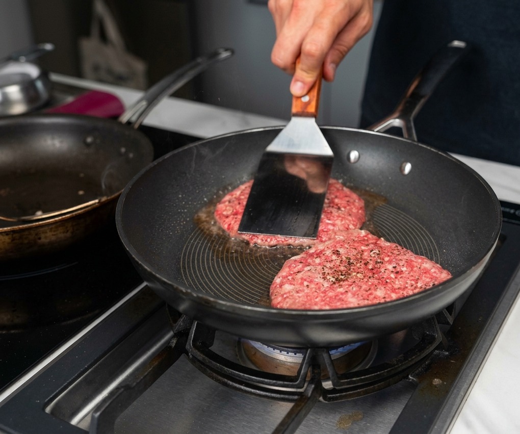 Zwei Fleisch-Patties brutzeln in einer heißen Pfanne, eines wird mit einem Metallwender fest angedrückt.