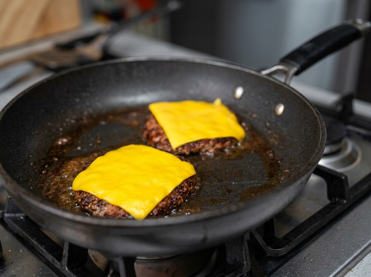 Zwei gebratene Patties in der Pfanne, belegt mit einer Scheibe perfekt geschmolzenem gelbem Cheddar.