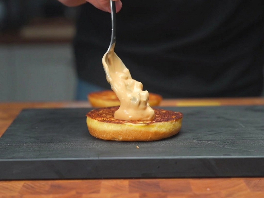 Eine cremige rosa Burgersauce wird mit einem Löffel auf ein getoastetes Brioche-Brötchen gestrichen.
