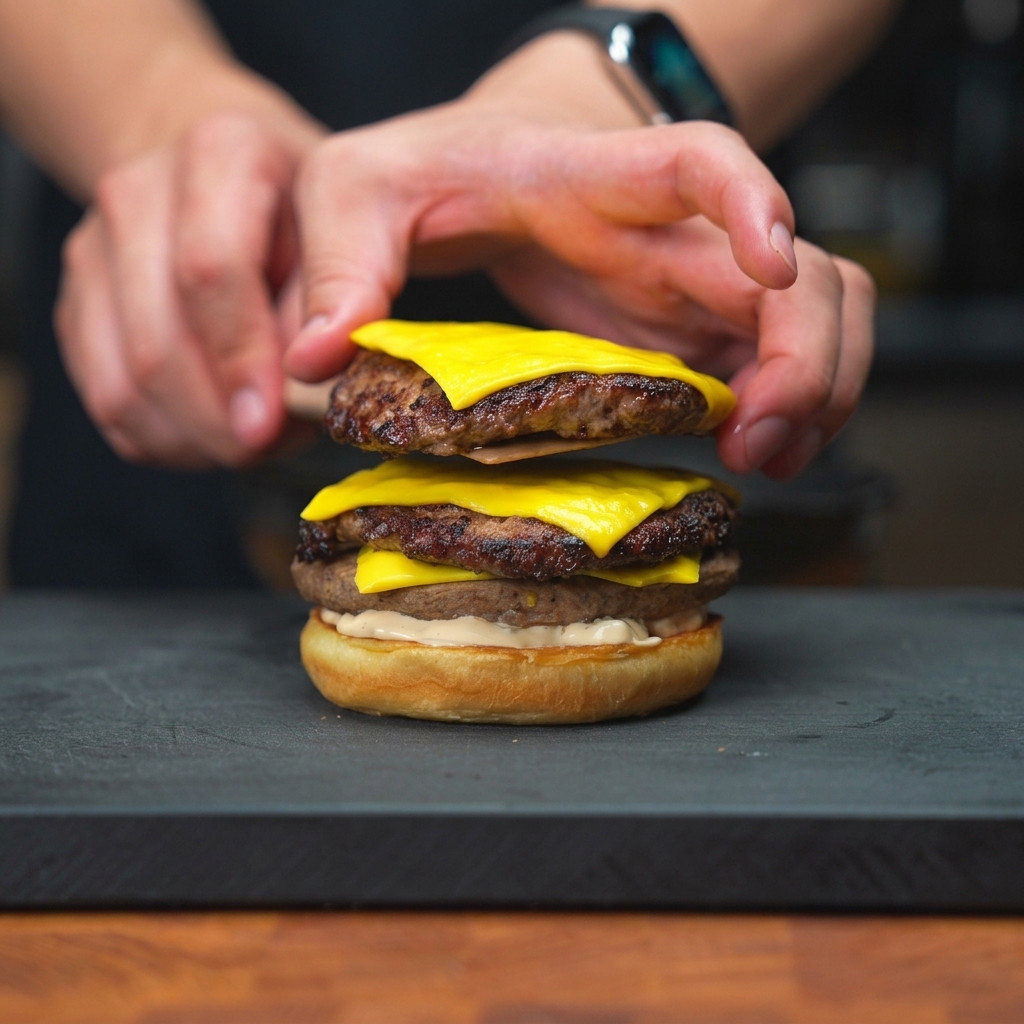 Ein zweites Patty mit geschmolzenem Käse wird mit einem Pfannenwender auf das erste Patty auf dem Brötchen gestapelt.
