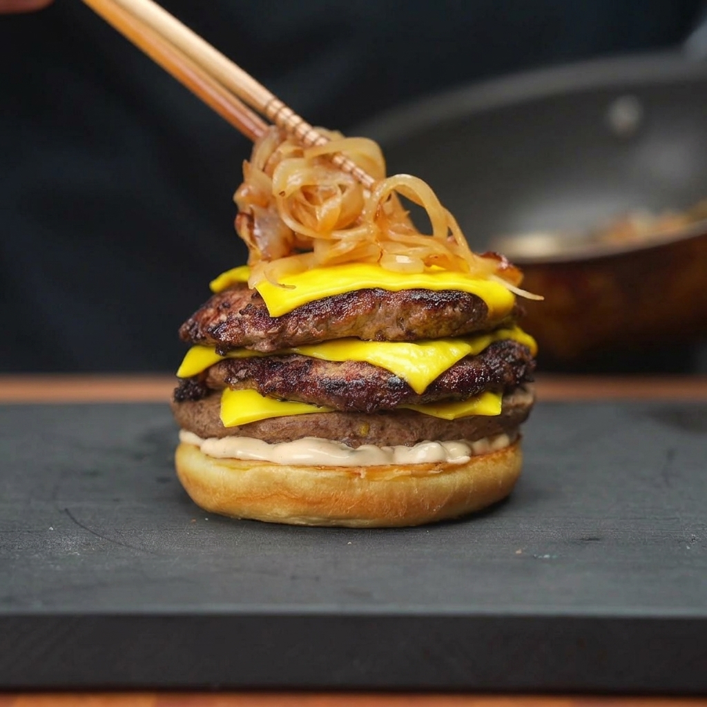 Ein Berg weicher, brauner Zwiebeln wird mit Stäbchen auf den Double-Cheeseburger gehäuft.