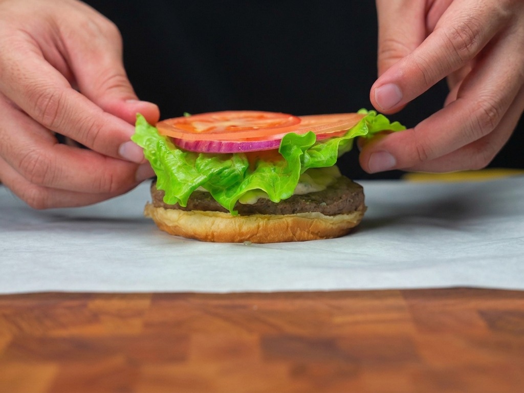 Frischer grüner Salat und eine Tomatenscheibe werden auf ein gebratenes Fleisch-Patty gelegt.