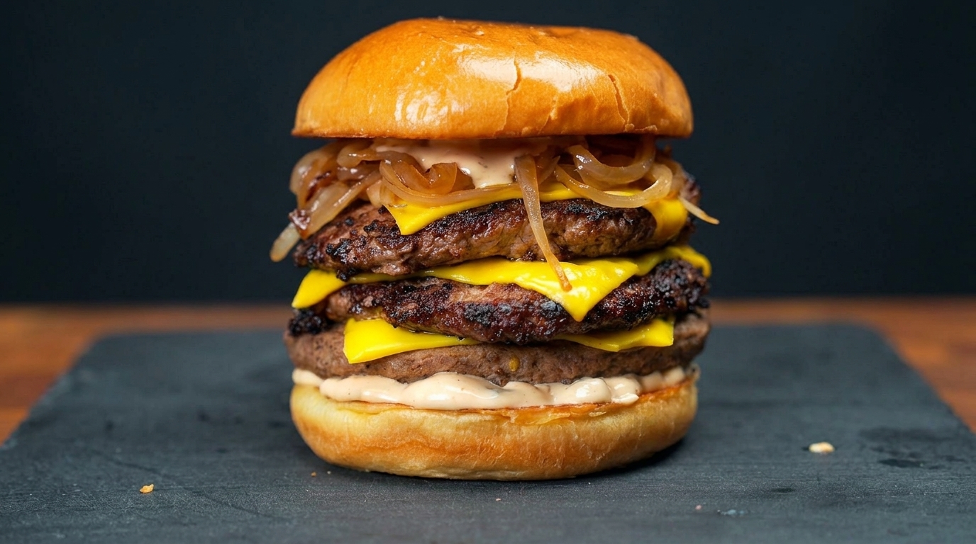 Ultimativer Double-Cheeseburger mit karamellisierten Zwiebeln