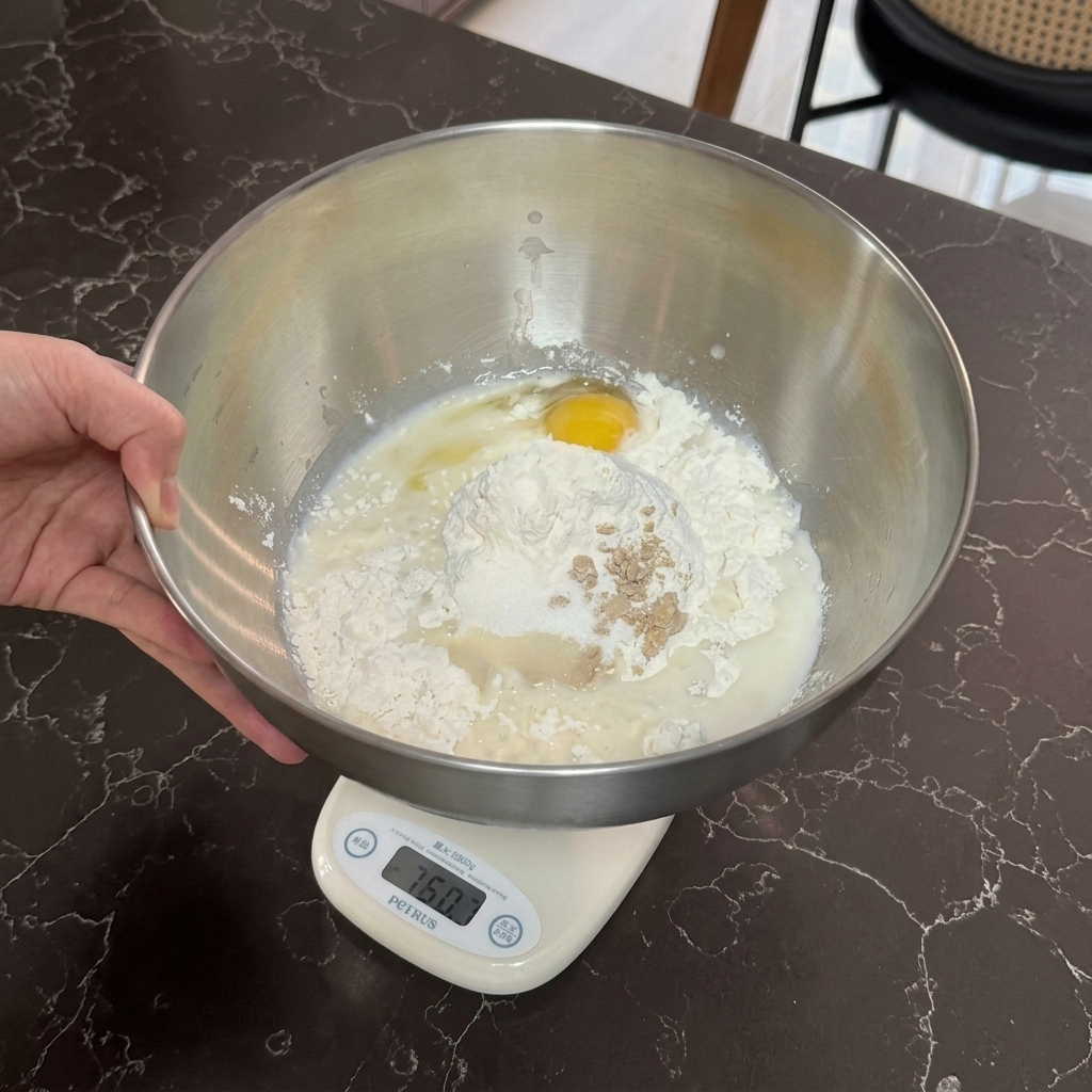 Eine Edelstahlschüssel auf einer Küchenwaage mit Milch, einem Ei und Mehl, bestreut mit Trockenhefe.
