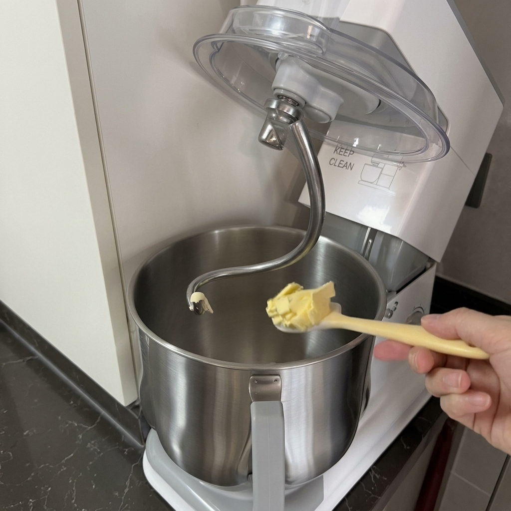 Eine Hand gibt mit einem Spatel ein Stück gelbe Butter in den Brotteig in der Edelstahlschüssel der Küchenmaschine.