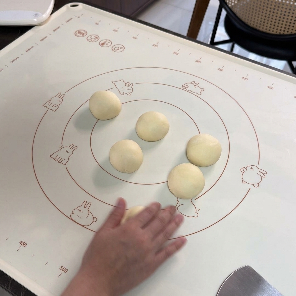 Eine Hand rollt ein kleines Stück hellen Teig auf einer weißen Silikonmatte mit Hasen-Illustrationen zu einer Kugel.