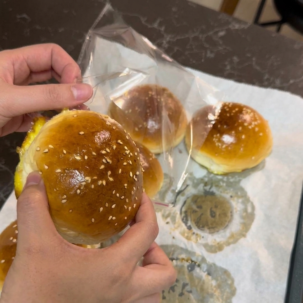 Eine Person schiebt ein gebackenes Sesam-Burgerbrötchen in einen klarsichtigen Aufbewahrungsbeutel aus Kunststoff.