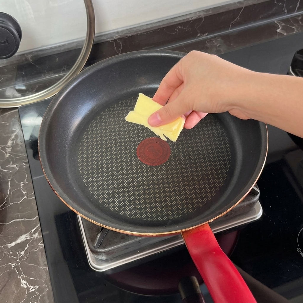 Eine Hand legt ein rechteckiges Stück Butter in die Mitte einer heißen, schwarzen Antihaft-Bratpfanne.