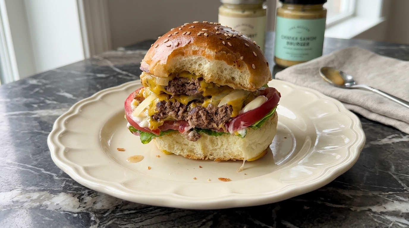 Hausgemachter Double Cheeseburger mit fluffigen Sesam-Buns