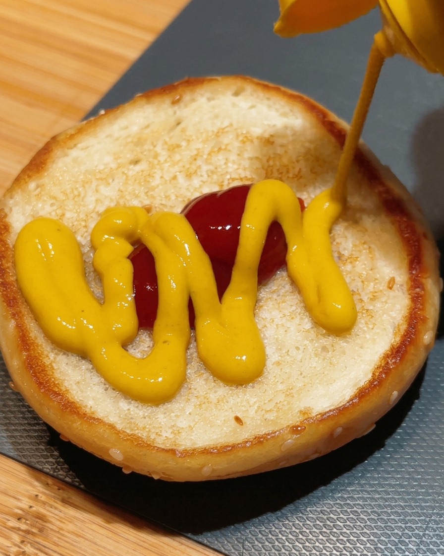 Gelber Senf wird über den Ketchup auf einem getoasteten Burger-Brötchen verteilt.