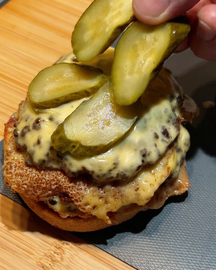 Finger legen grüne Gurkenscheiben oben auf den doppelten Cheeseburger-Stapel.