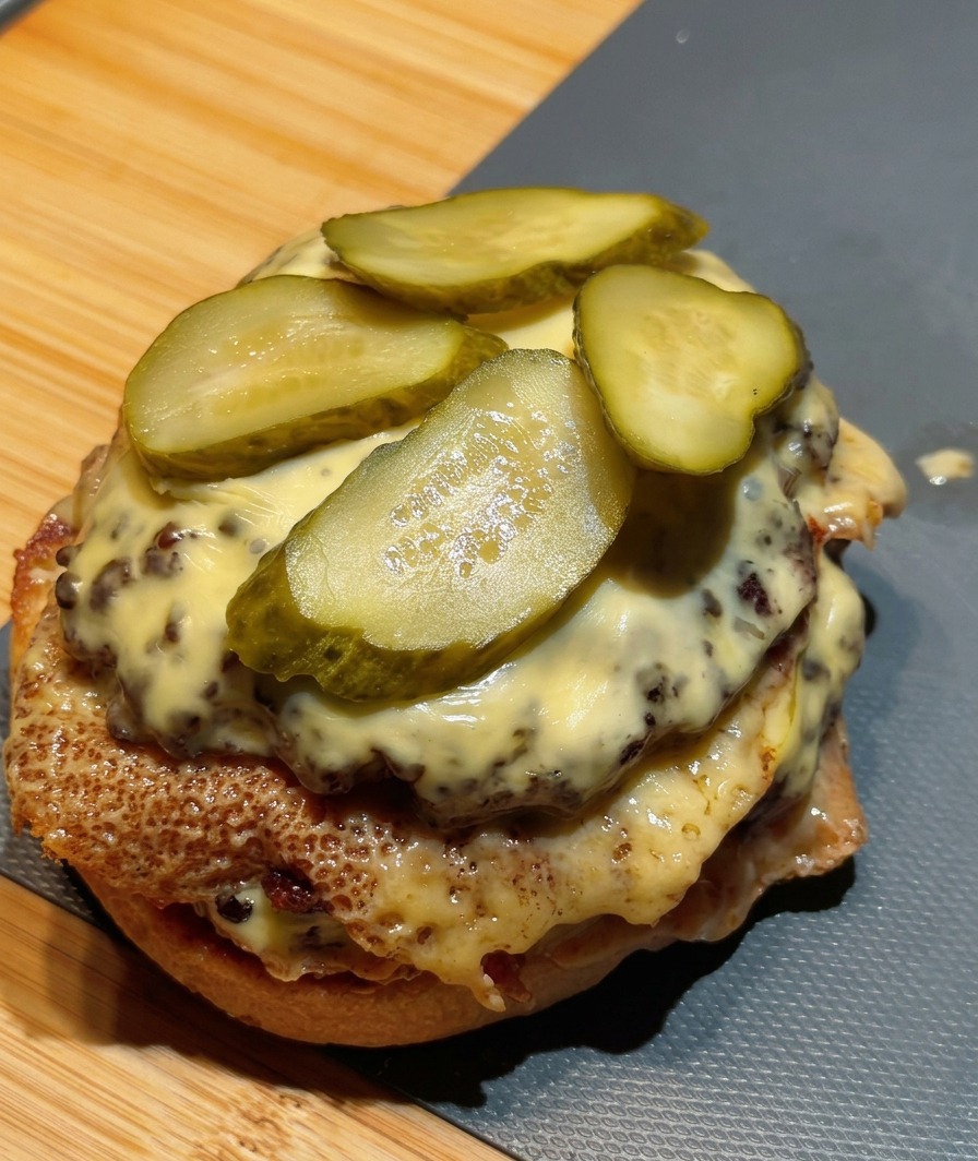 Ein Sesambrötchen wird als Abschluss auf den fertig belegten Doppel-Cheeseburger gesetzt.
