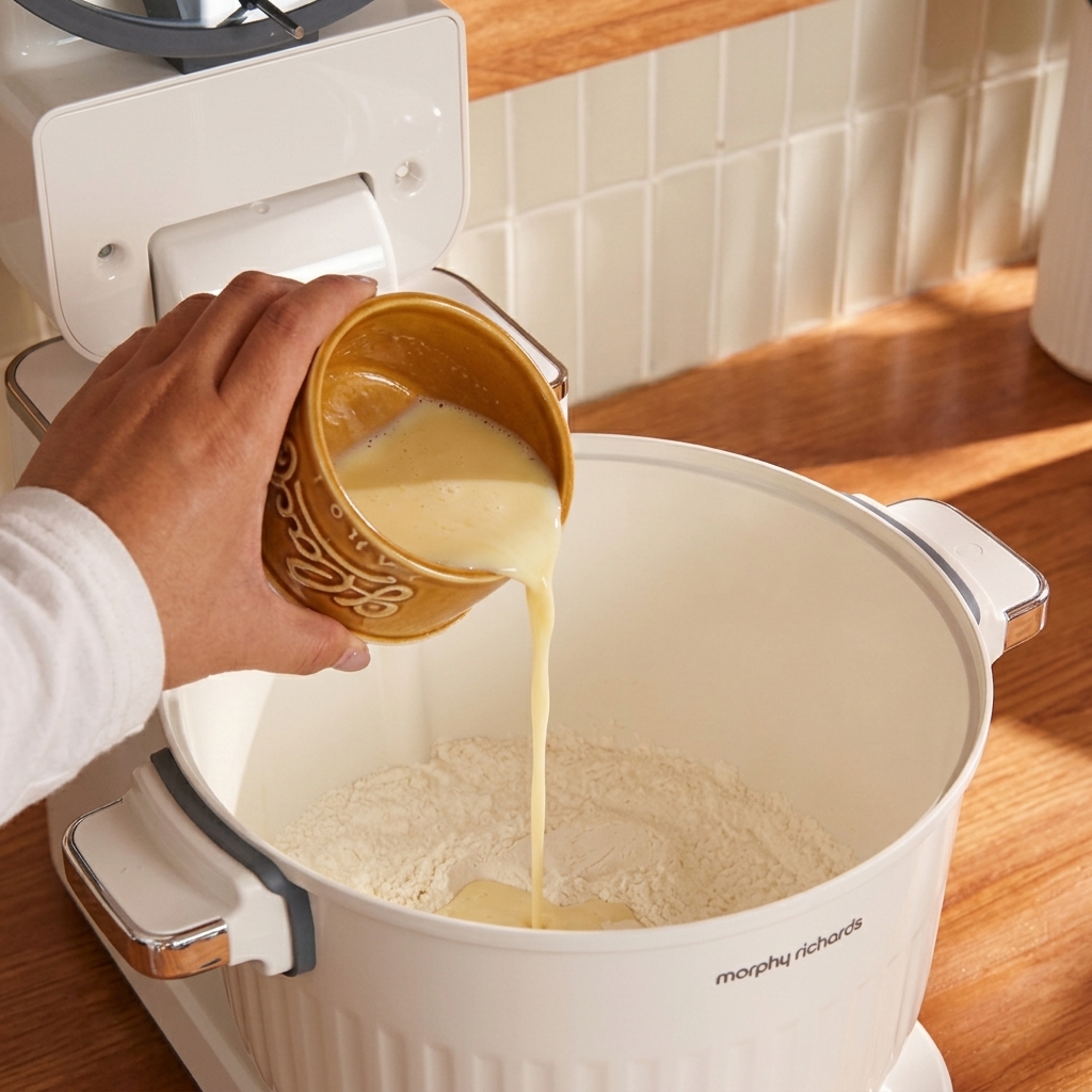 Eine Hand gießt Milch aus einem kleinen Becher in eine Rührschüssel mit trockenen Zutaten.