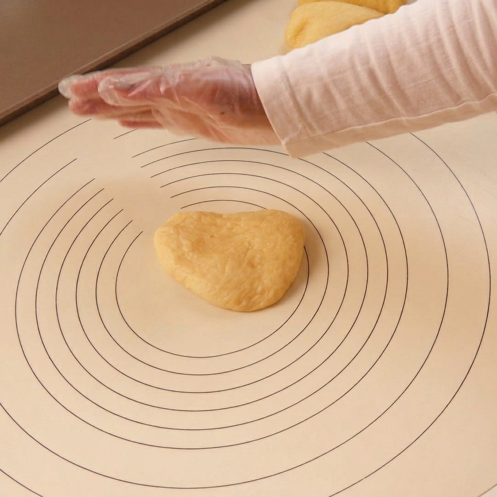 Eine Hand rollt ein Teigstück in kreisenden Bewegungen zu einer glatten Kugel auf der Backmatte.