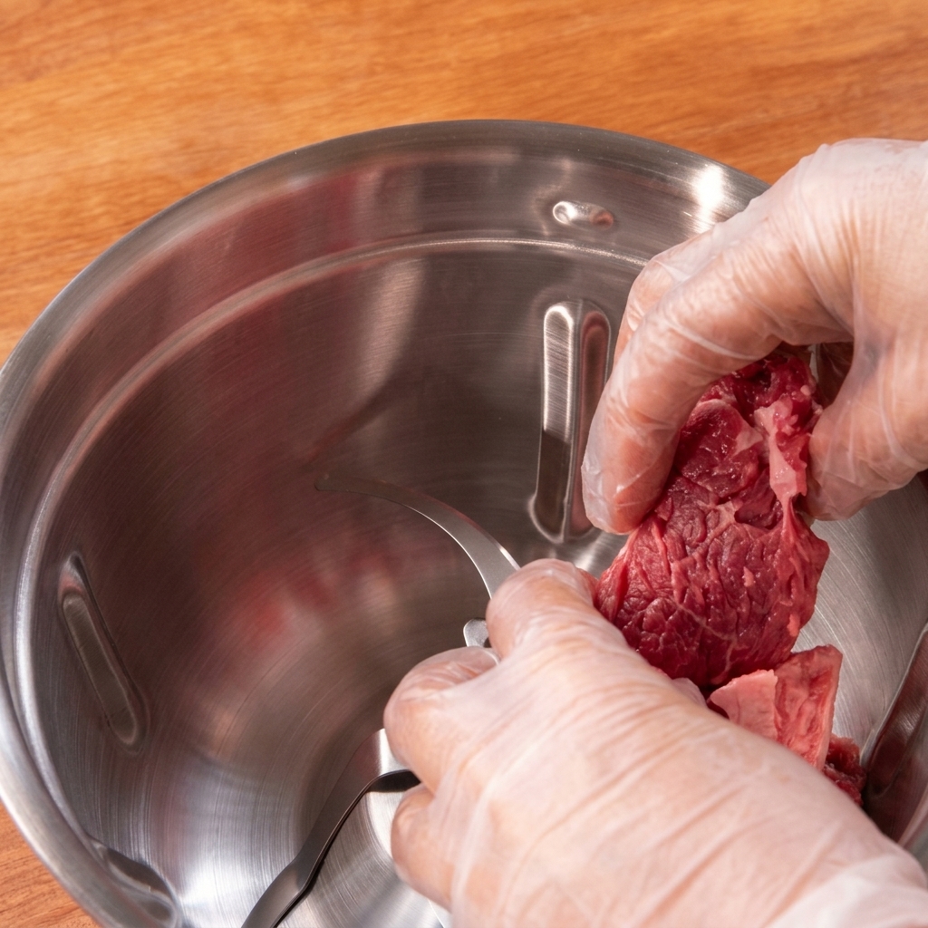 Hände geben rote Rindfleischwürfel in den Edelstahlbehälter eines Food Prozessors.