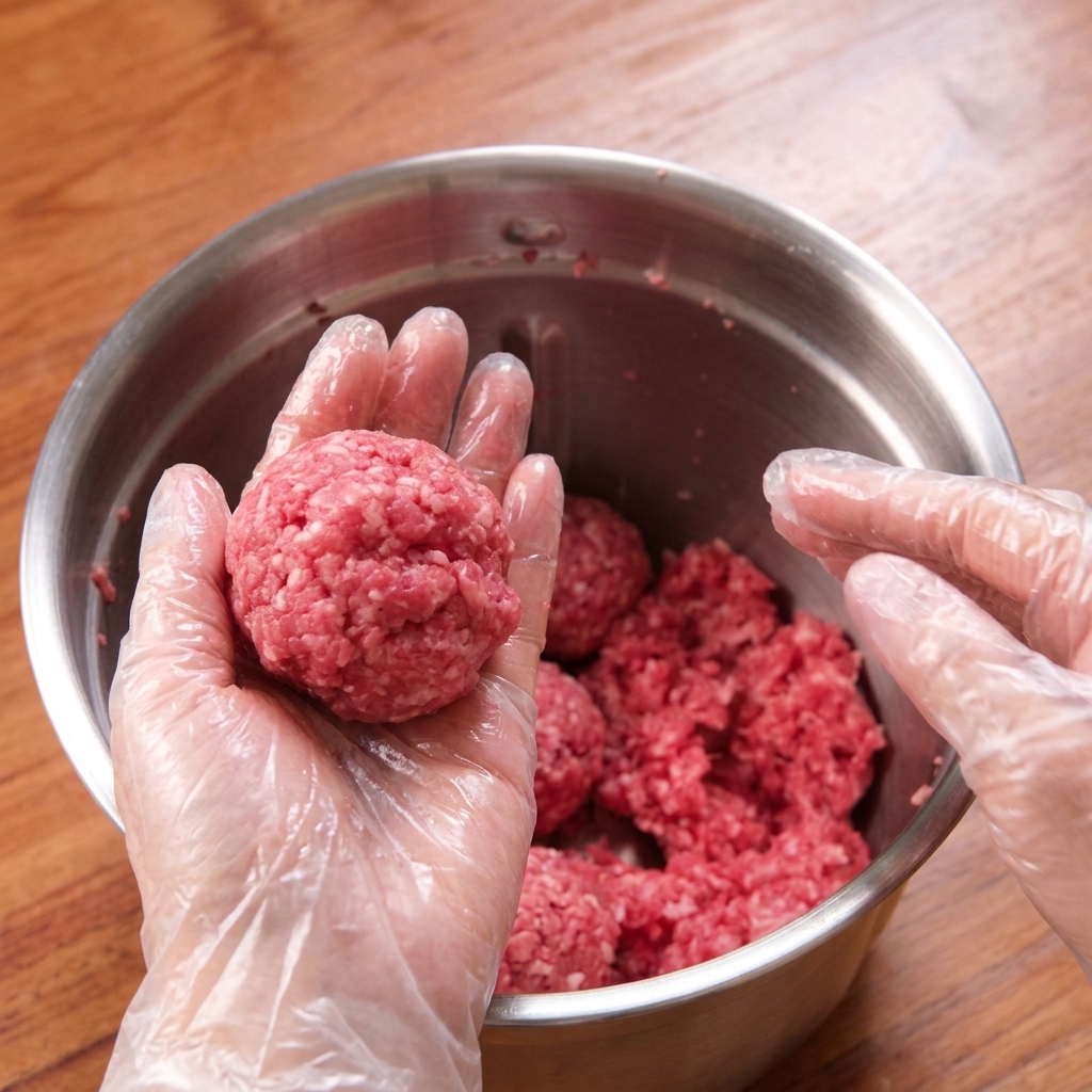 Hände formen eine strukturierte Kugel aus rohem Hackfleisch über einer Metallschüssel.