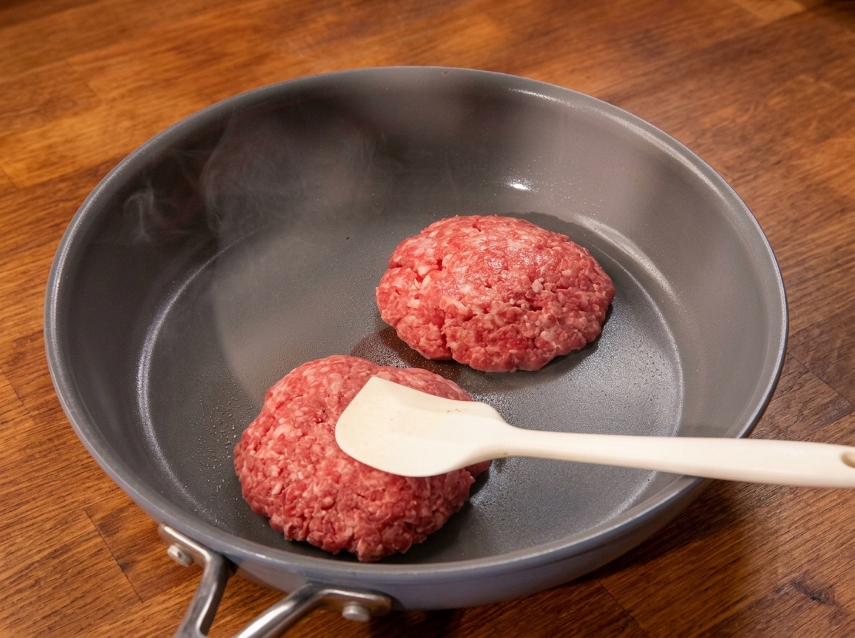 Zwei Rindfleisch-Patties braten in einer heißen Pfanne, ein Pfannenwender drückt leicht auf eines davon.