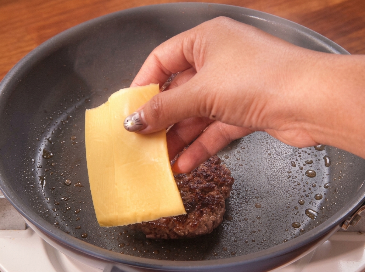 Eine Hand legt eine Scheibe gelben Käse direkt auf ein frisch gewendetes Burger-Patty in der Pfanne.