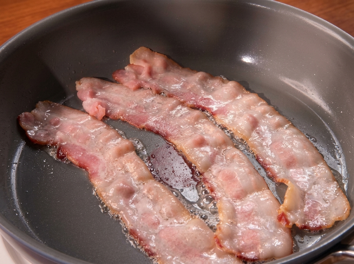 Drei Scheiben Speck braten in ihrem eigenen Fett in einer heißen Pfanne.