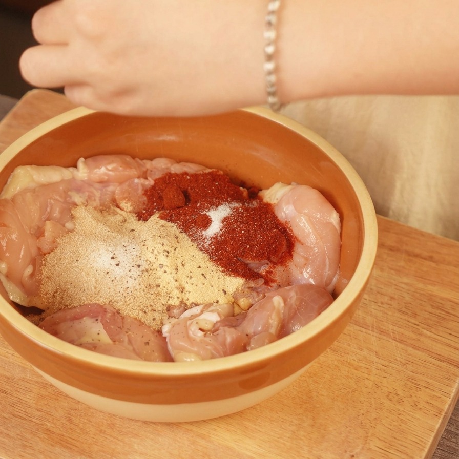 Eine Person mahlt schwarzen Pfeffer über rohe Hähnchenoberschenkel, die mit Paprika und Knoblauchpulver bedeckt sind.