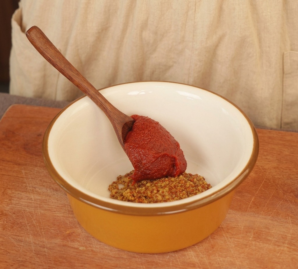 Ein Holzlöffel gibt einen Klecks rote Chilipaste auf ein Bett aus grobkörnigem Senf in einer gelben Schüssel.