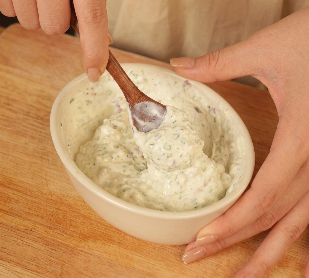 Ein Holzlöffel rührt eine dicke, weiße cremige Sauce mit roten Zwiebelstücken und Kräutern in einer weißen Schale.