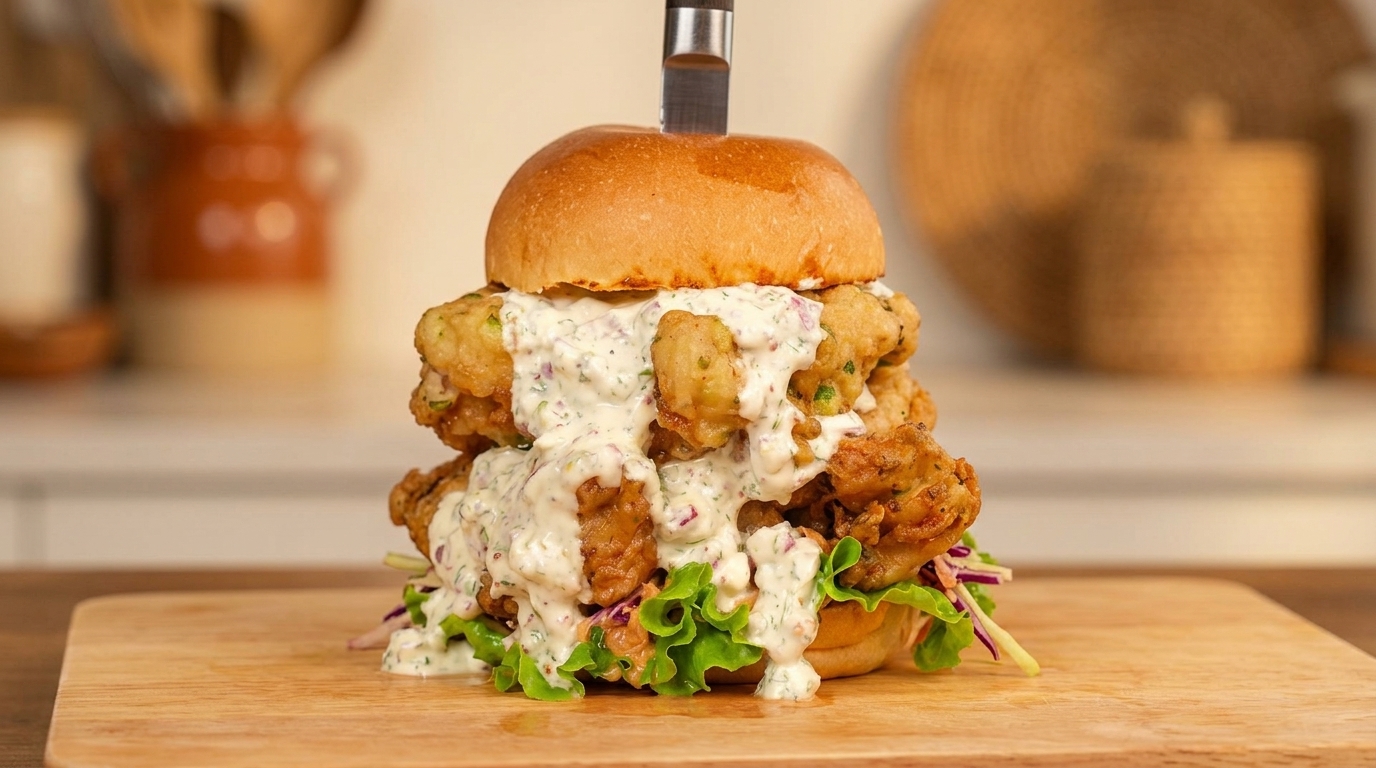 Doppelstöckiger Fried Chicken Burger mit Frühlingszwiebel-Panade & Zwiebel-Joghurt-Sauce