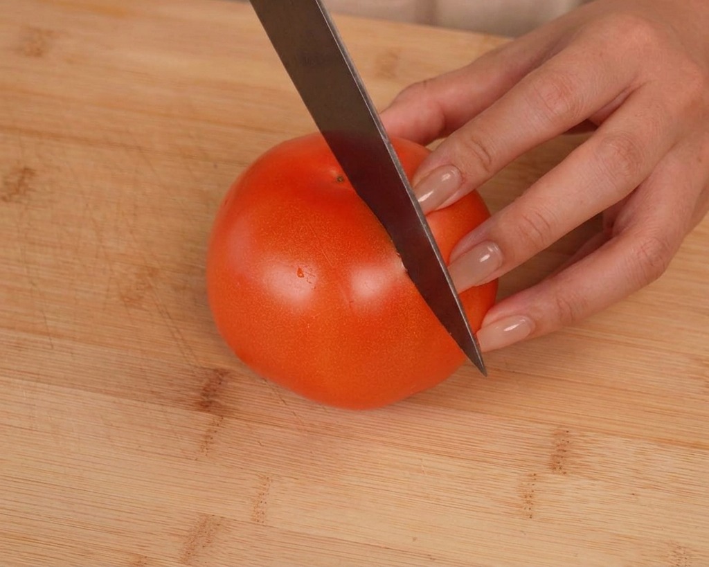 Ein scharfes Messer schneidet ein flaches, kreuzförmiges Muster in die Oberseite einer reifen roten Tomate auf einem Holzschneidebrett.