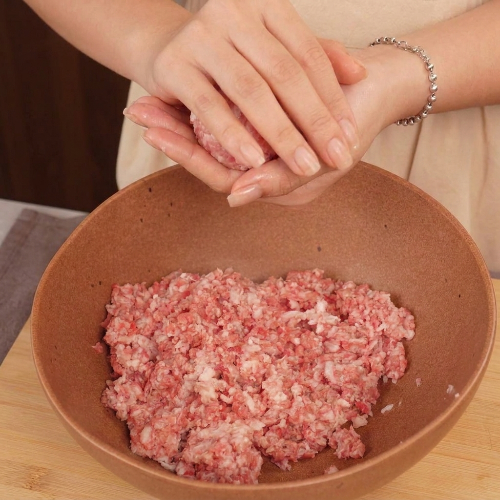 Hände formen sanft eine Kugel aus rohem Rinderhackfleisch über einer großen braunen Schüssel mit Hack.