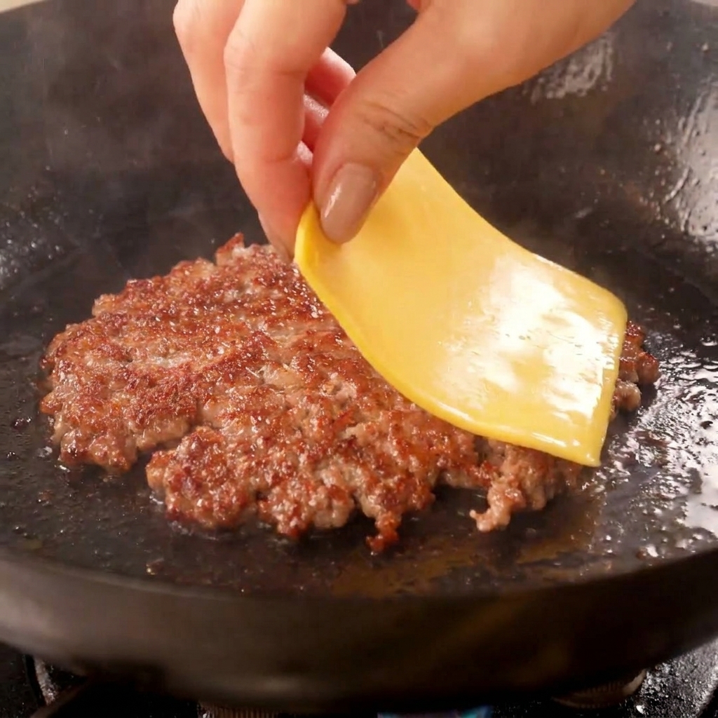 Eine Hand platziert eine quadratische Scheibe gelben Käse auf einem kross gebratenen, flachgedrückten Fleisch-Patty in einem Wok.