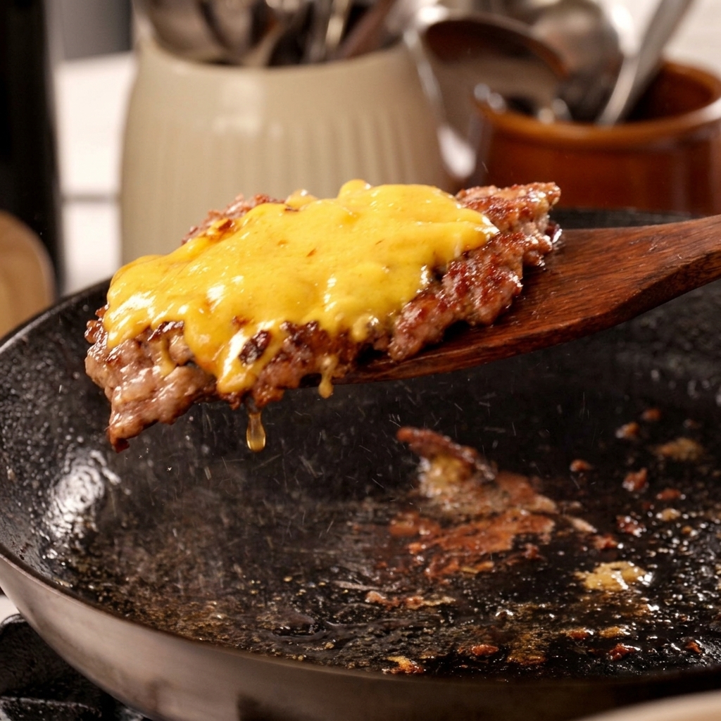 Nahaufnahme eines saftigen Rindfleisch-Patties mit geschmolzenem gelbem Käse, das mit einem Holzspatel aus einer heißen Pfanne gehoben wird.