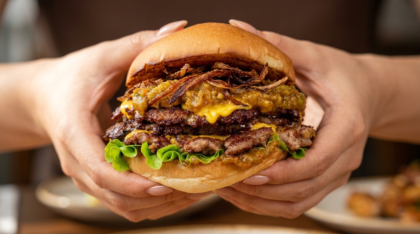 Ultimativer Triple Smash Burger mit geröstetem Chili-Relish