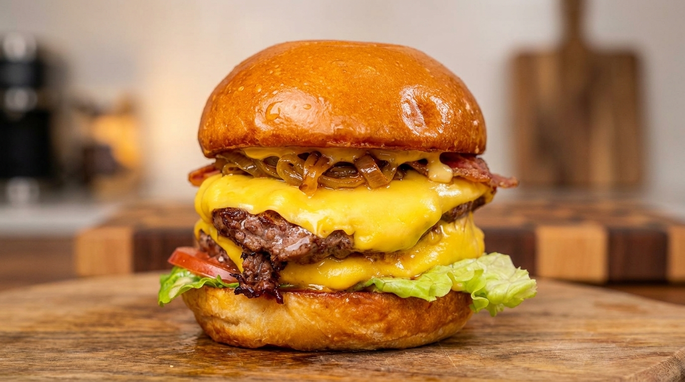 Ultimativer Wagyu Double Cheeseburger mit karamellisierten Zwiebeln