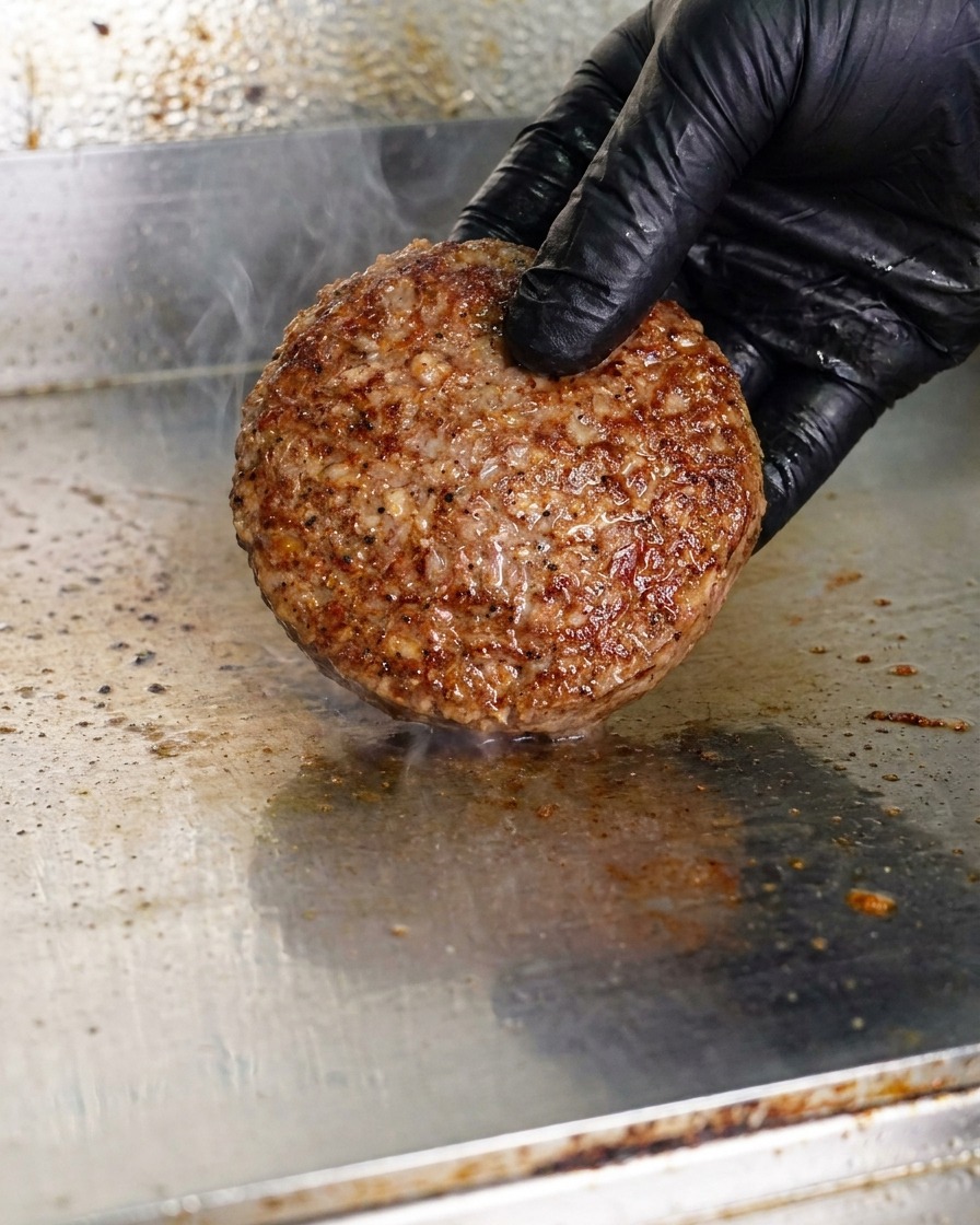Eine Hand mit schwarzem Handschuh legt eine Kugel rohes Rinderhackfleisch auf eine heiße Grillplatte aus Metall.