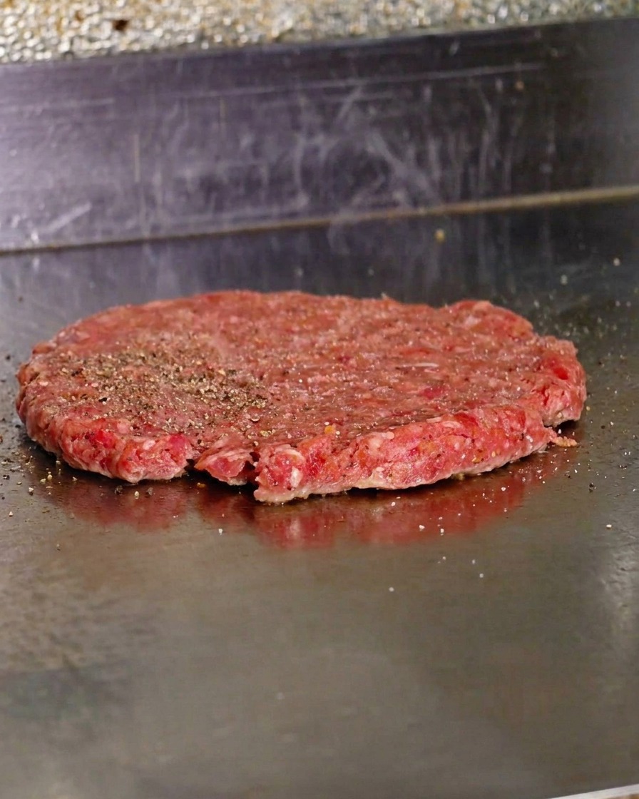Ein plattgedrücktes, rohes Rindfleisch-Patty auf einer Grillplatte, deutlich gewürzt mit grobem schwarzen Pfeffer.