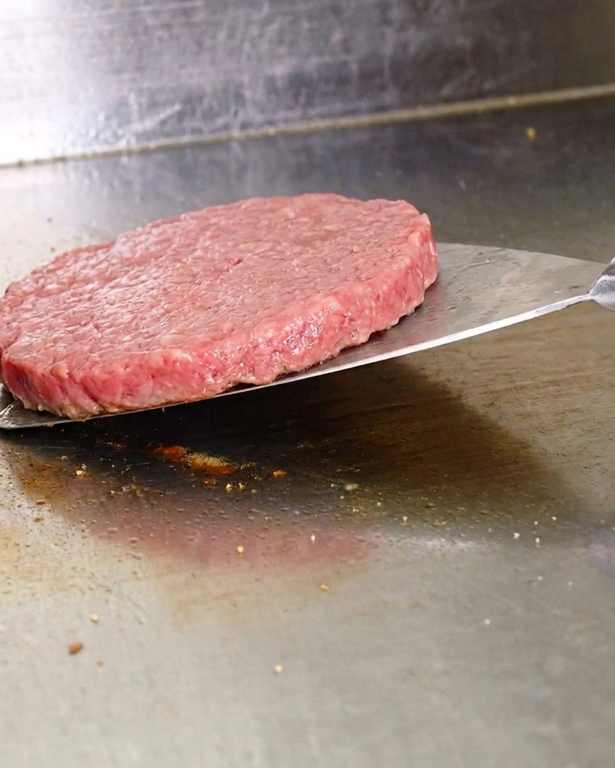 Ein Pfannenwender aus Metall hebt ein dünnes Rindfleisch-Patty von einer heißen Grillplatte ab, um es zu wenden.