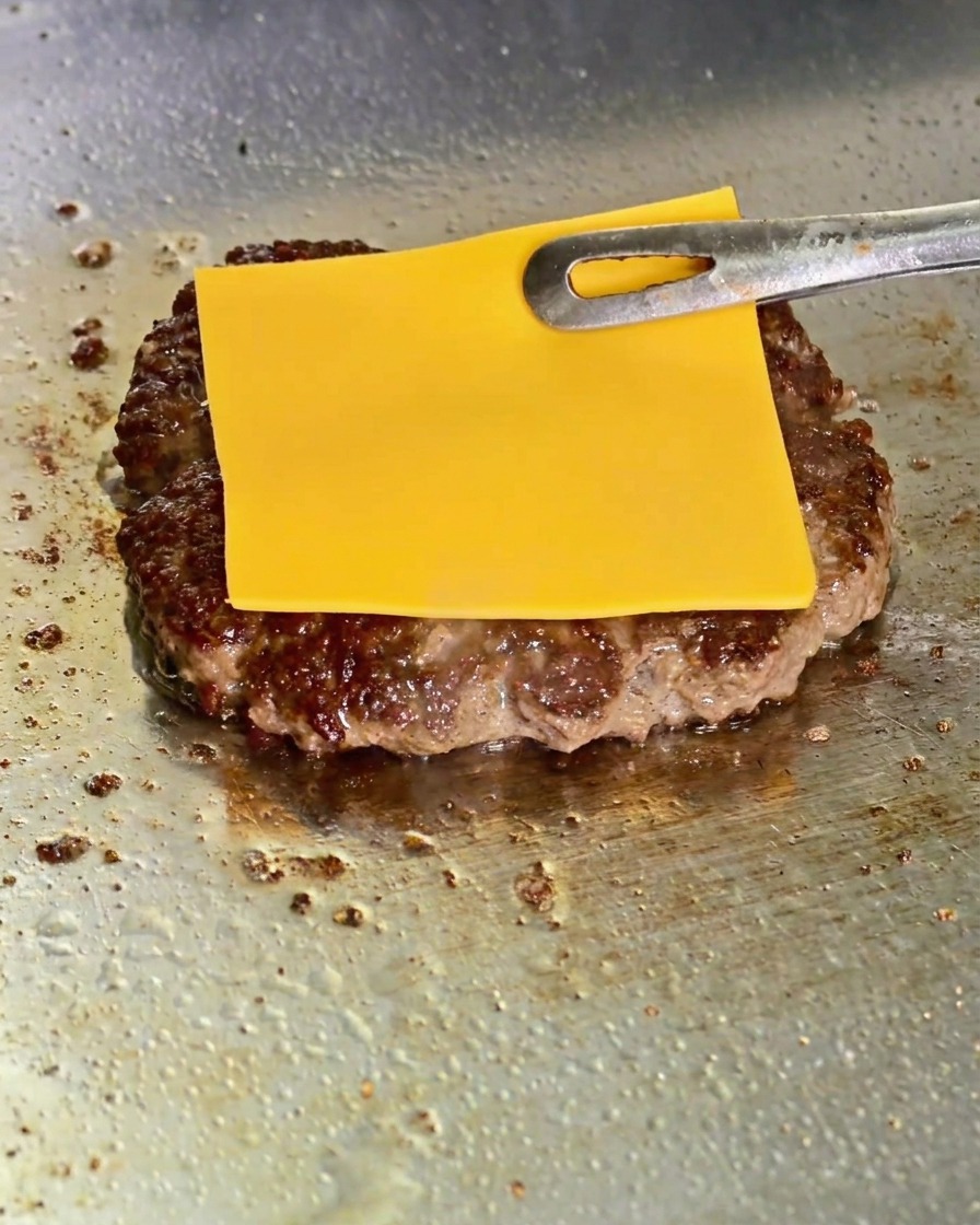 Eine Metallzange legt eine quadratische Scheibe gelben Käse auf ein gebräuntes, auf einer Grillplatte bratendes Burger-Patty.