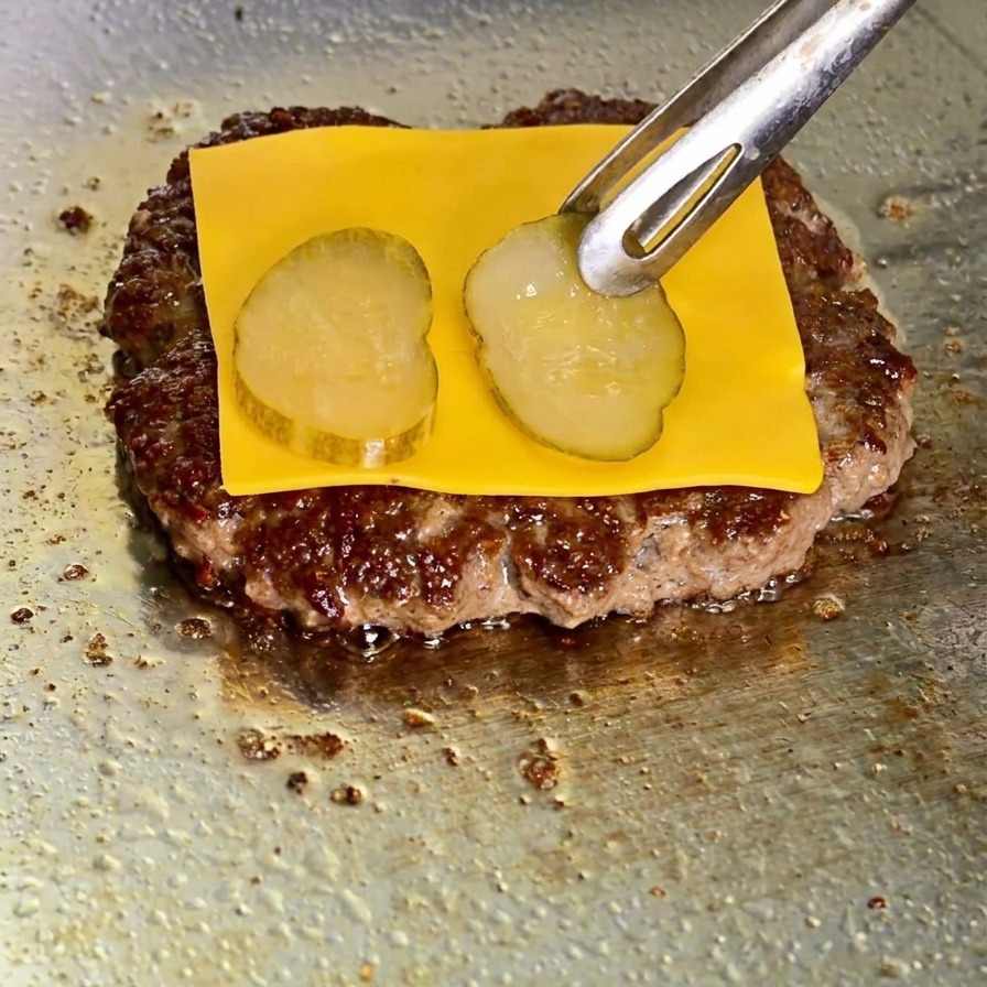 Eine Metallzange legt eine dritte Scheibe Wellenschnitt-Gurke auf ein Quadrat aus schmelzendem gelben Käse, der ein angebratenes Rindfleisch-Patty auf einer Grillplatte bedeckt.