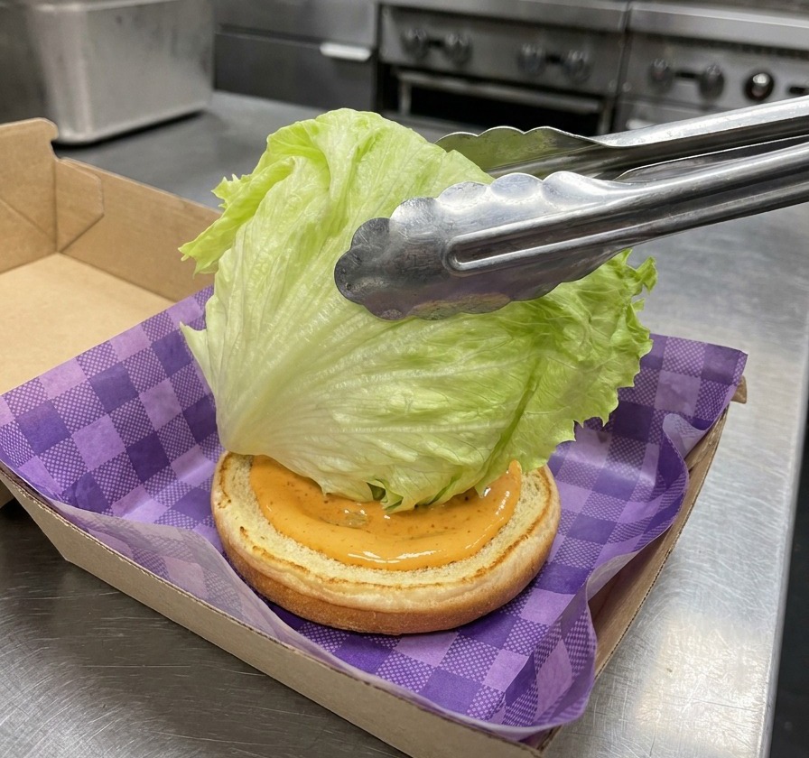 Eine Metallzange hält ein großes, gewelltes Blatt grünen Eisbergsalat über ein geröstetes Brötchen, das mit oranger Sauce bestrichen ist.