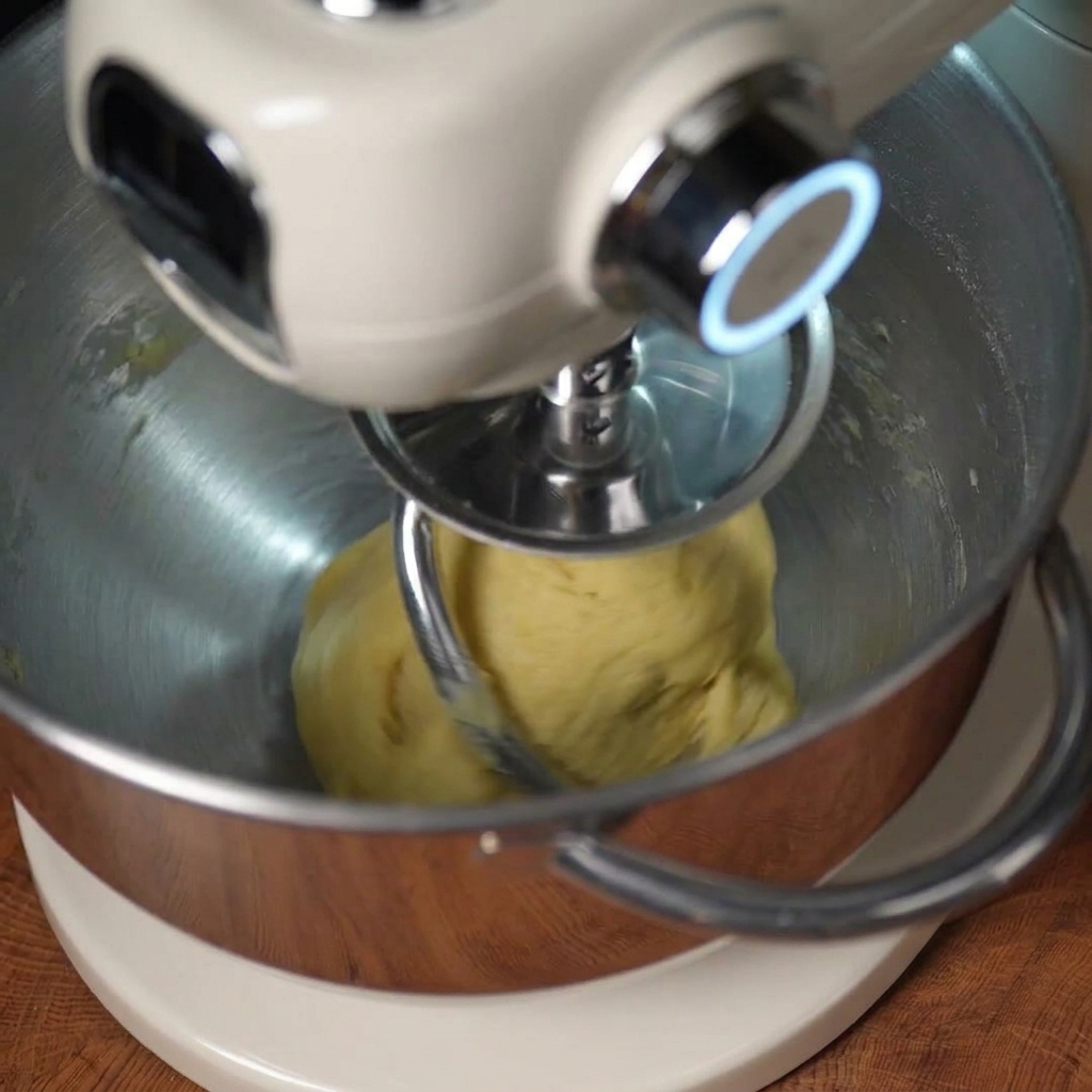 Eine Küchenmaschine mit Knethaken verarbeitet einen gelblichen Teig in einer Edelstahlschüssel.