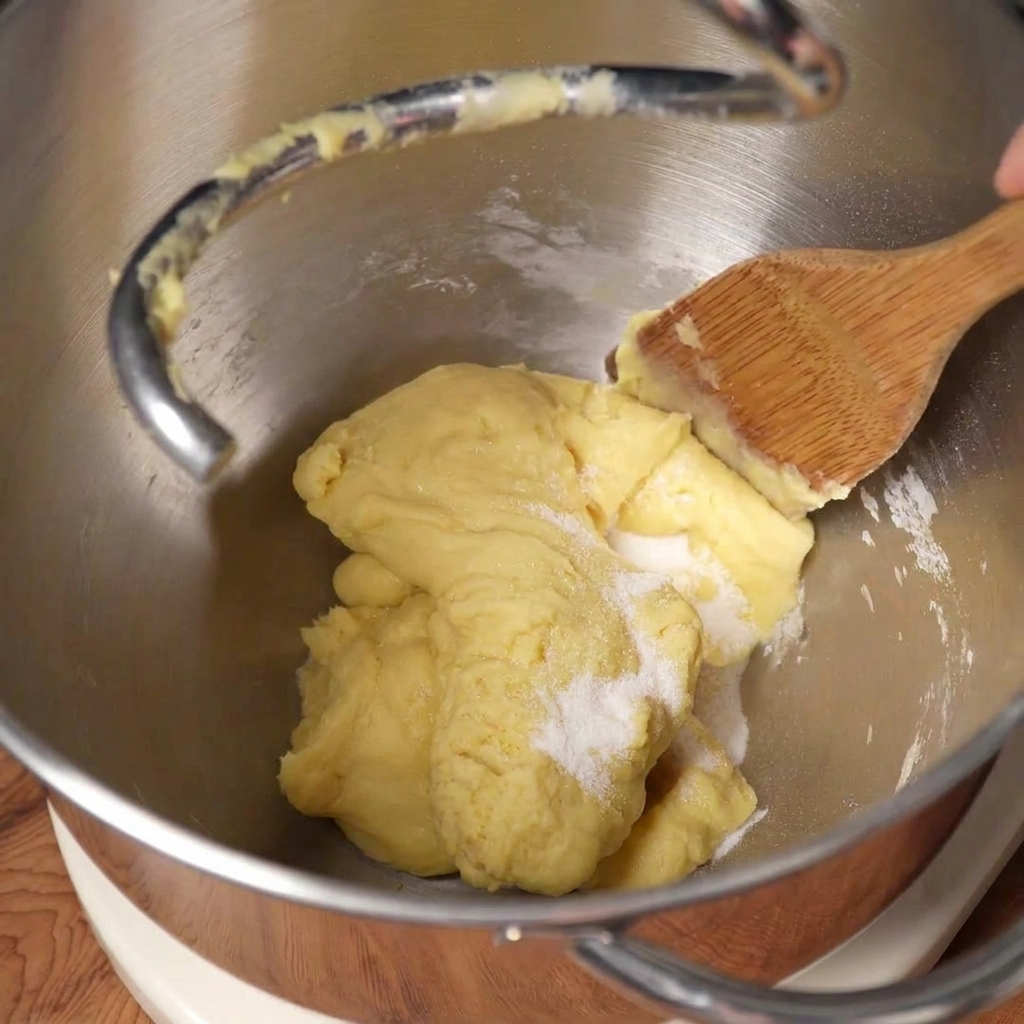 Salz und Butterstücke werden zum teilgekneteten Teig in der Rührschüssel gegeben.