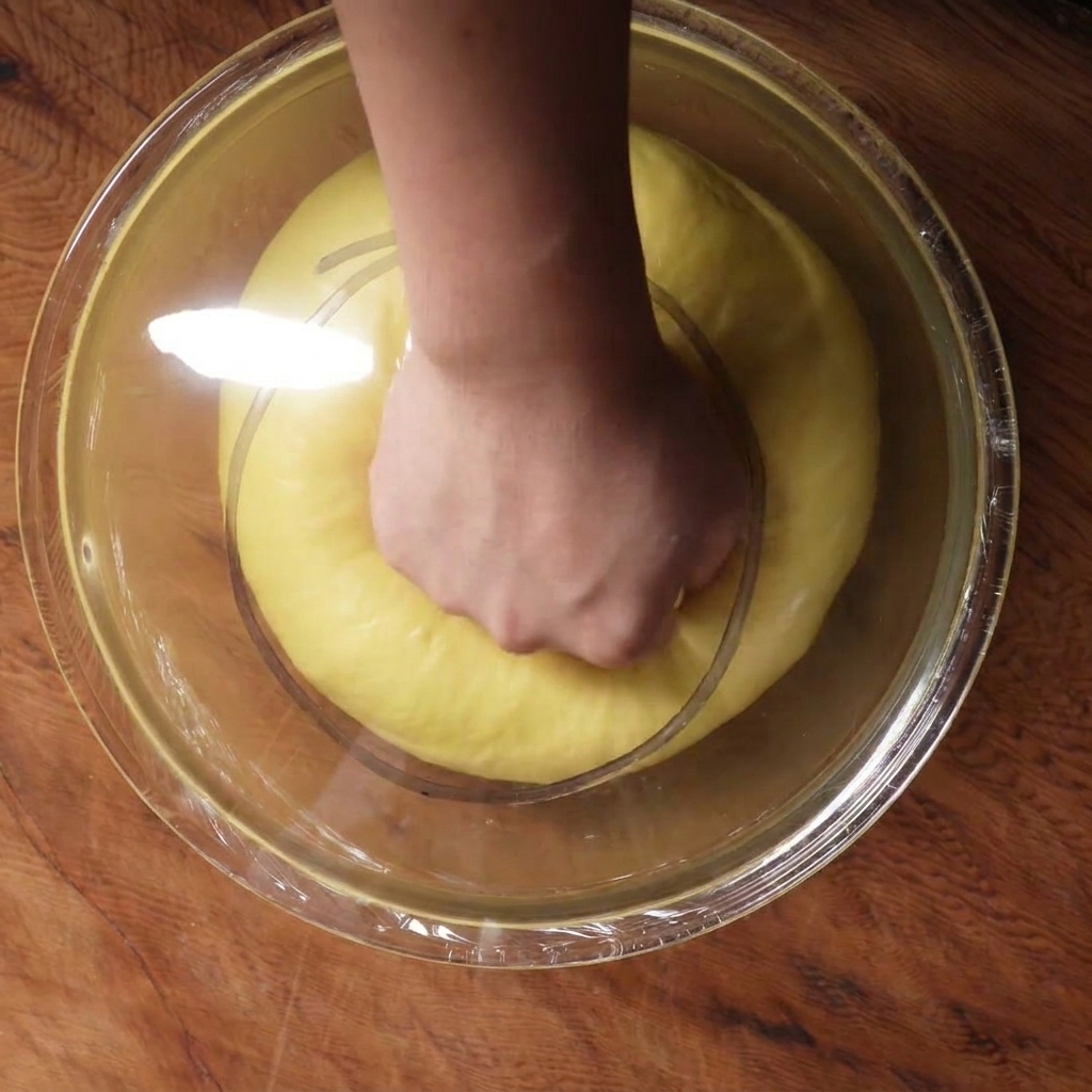 Eine Hand drückt in den aufgegangenen Teig, um die Luft entweichen zu lassen.