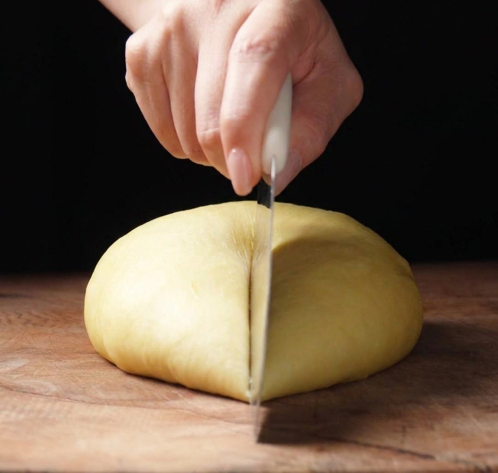 Ein Teigschaber teilt den Brioche-Teig auf einem Holzbrett in gleich große Stücke.