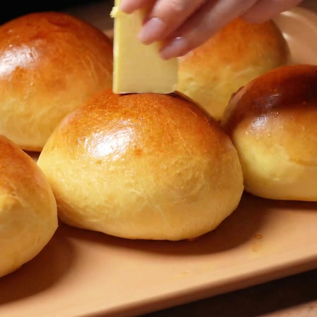 Ein Stück Butter wird über die heiße Kruste der frisch gebackenen Brioche-Brötchen gerieben.