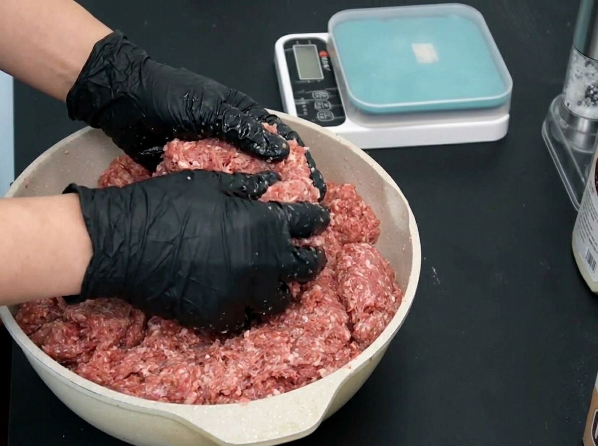 Zwei behandschuhte Hände heben eine Portion der Fleischmischung aus der Schale.