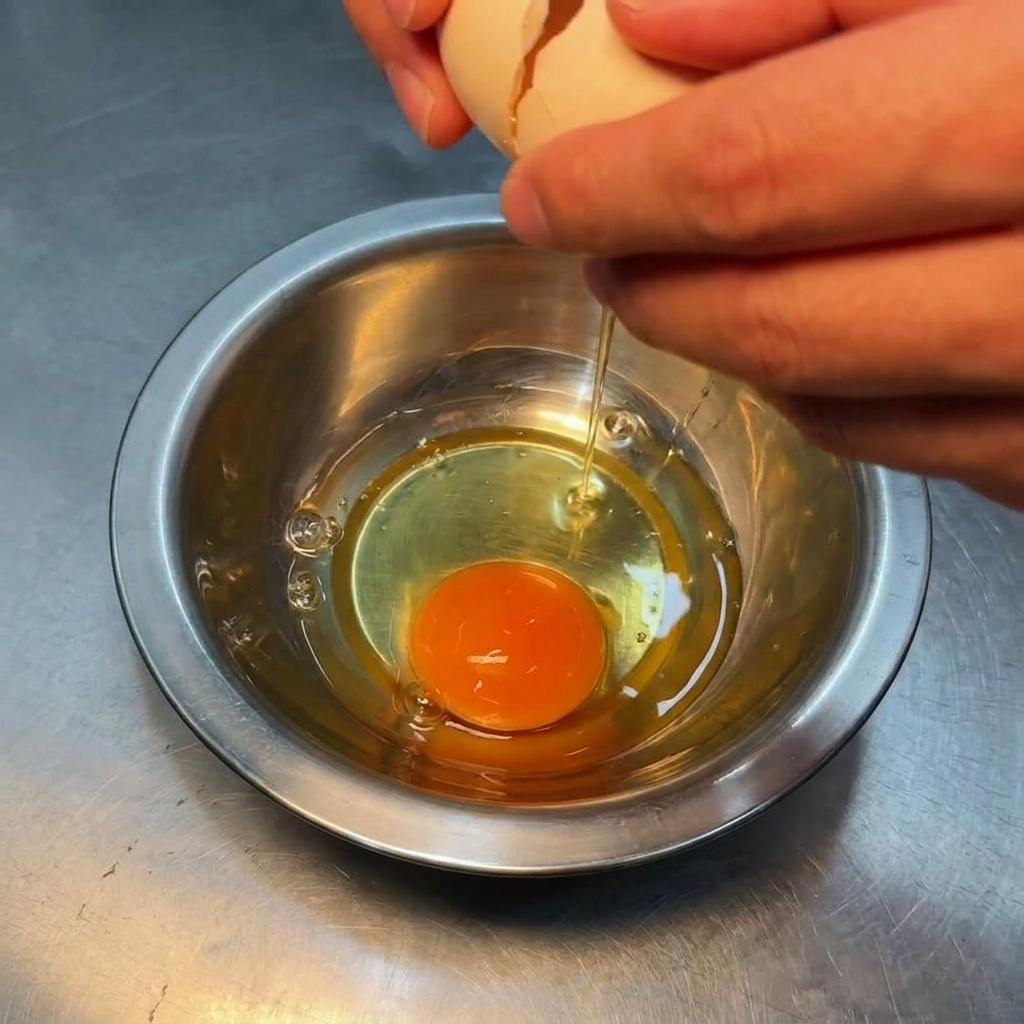 Hände schlagen ein rohes Ei in eine kleine Edelstahlschüssel auf.